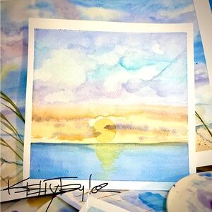 Original sunset watercolor painting wall art ocean decor beach coastal art